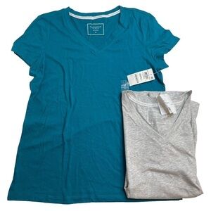 Charter Club Everyday Cotton V-Neck Pajama Shirts Heathered Grey Deep Lagoon S